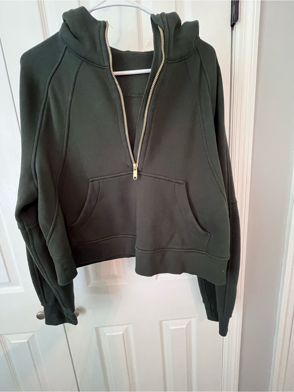 Lululemon Scuba Oversized Half-Zip Hoodie green with gold zipper. Size m/l